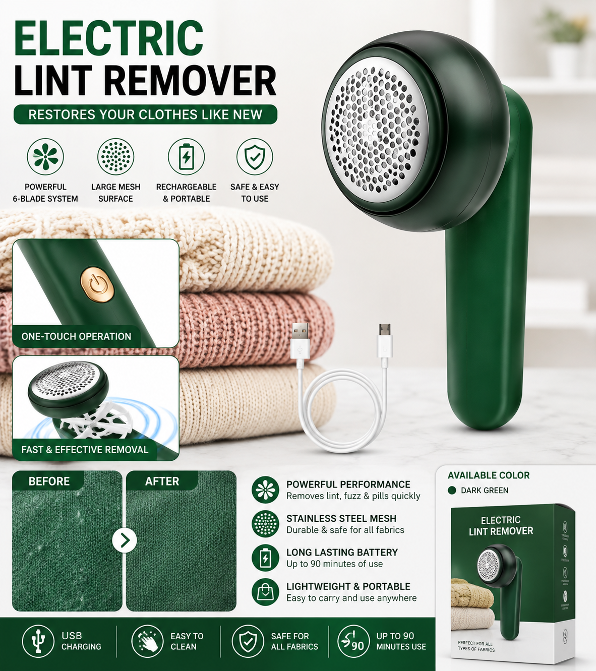 Rechargeable Lint Remover – Cordless Fabric Shaver & Garment Care Tool