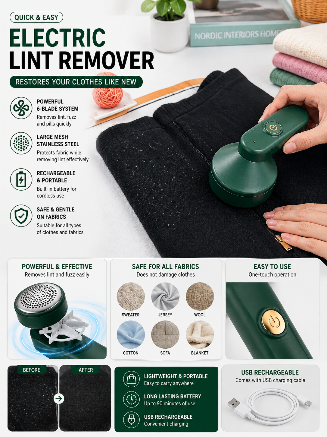 Rechargeable Lint Remover – Cordless Fabric Shaver & Garment Care Tool