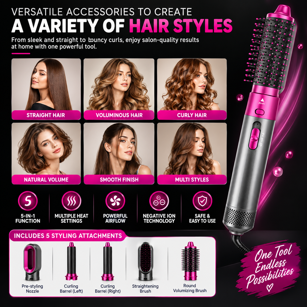 5-in-1 Hot Air Brush – Hair Dryer, Styler & Volumizer