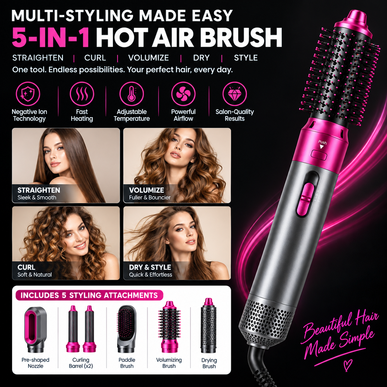 5-in-1 Hot Air Brush – Hair Dryer, Styler & Volumizer